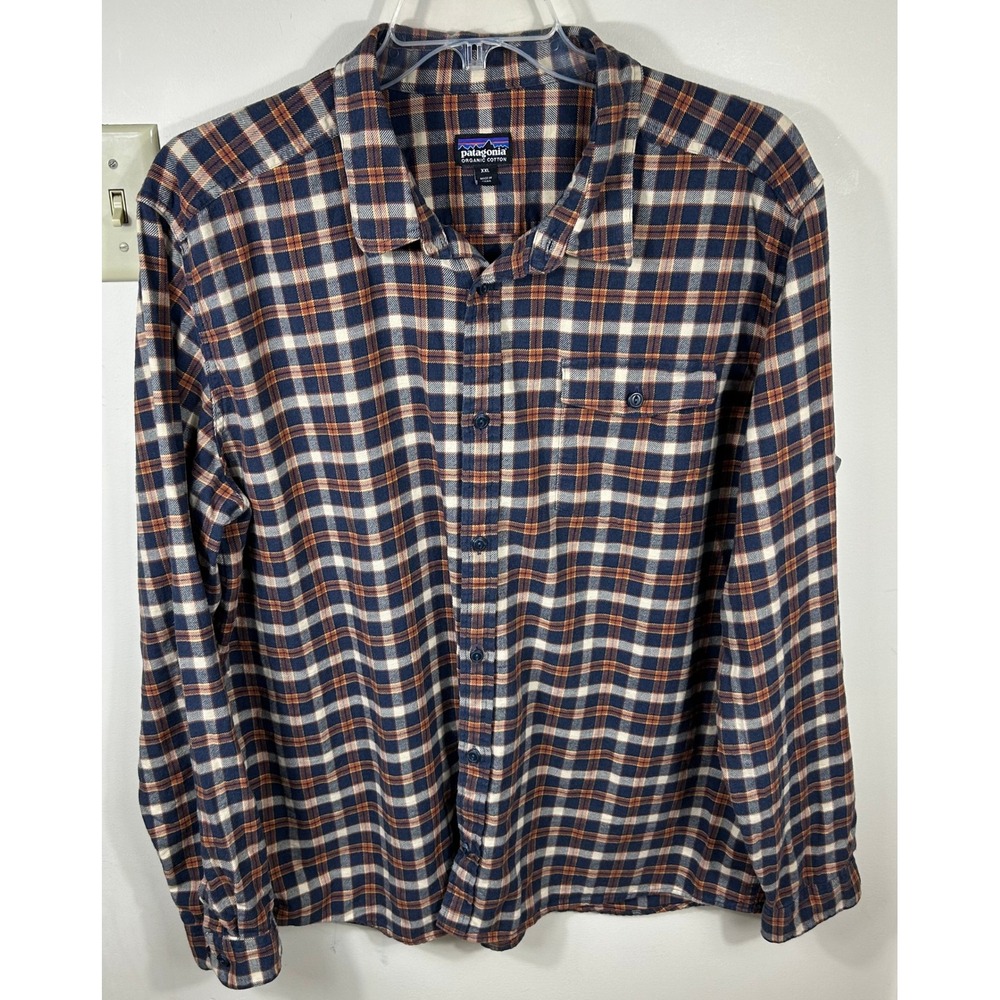 Patagonia Fjord Flannel Shirt Mens XXL Navy Plaid Organic Cotton Lightweight